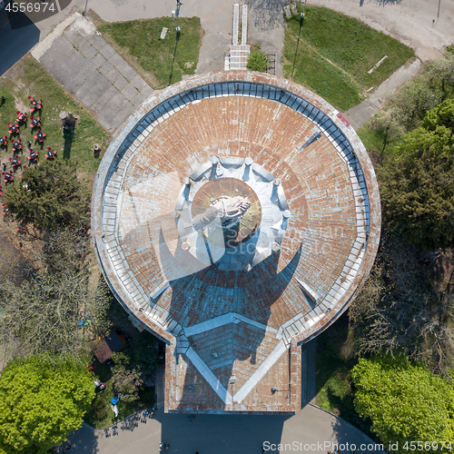 Image of old pavilion building with trails on the territory of the National Exhibition Center in Kiev, top view.