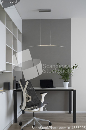 Image of Company office corner with a modern desk, orthopedic chair, up-to-date computer and green flowerpot on a table. Concept green office.