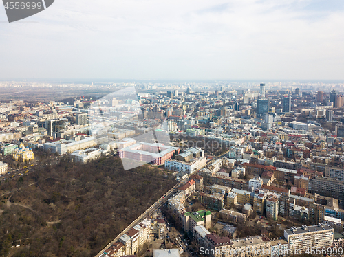 Image of Kiev, Ukraine - April 7, 2018: aerial view panoramic view of the city.University of Taras Shevchenko, Botanical Garden and Vladimir Church