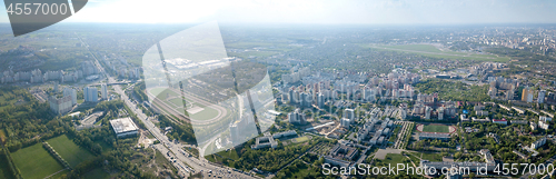 Image of Aerial panoramic view of the cityscape with urban archtecture, streets and recreational areas, city Kiev, Ukraine.