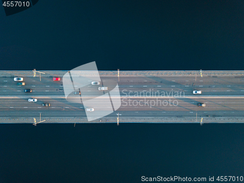 Image of Overhead view of traffic with cars, taxis, bus on a North Bridge in Kyiv city