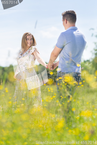 Image of Young happy pregnant couple in love holding hands, relaxing in meadow.