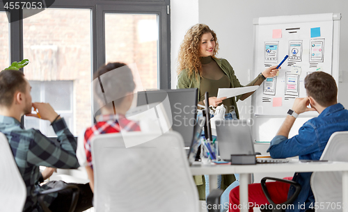 Image of creative woman showing user interface at office