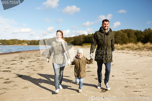 Image of happy family walking along autumn beach