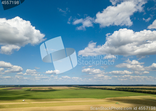 Image of Panoramic view from the drone of beautiful landscape of agricultural fields with harvesting on the background of the blue cloudy sky at sunset.