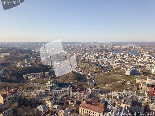 Image of Aerial view of Podol and Vozdvizhenka on the April sunny day. Ukraine