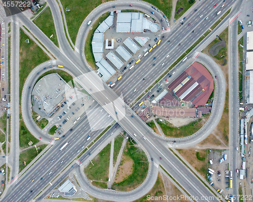 Image of Aerial view Kiev, Ukraine road overpass with cars Poznyaki district