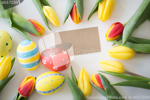 Image of close up of colored easter eggs and tulip flowers