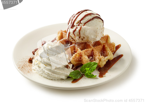 Image of belgian waffle dessert on white plate