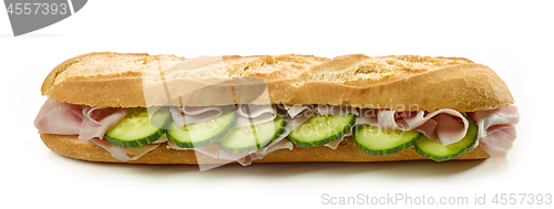 Image of Baguette sandwich with ham and cucumber
