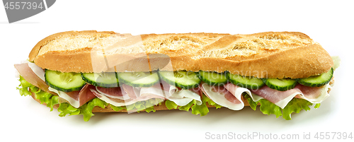 Image of baguette sandwich with prosciutto ham and cucumber