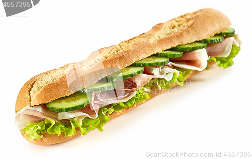 Image of baguette sandwich with ham and cucumber