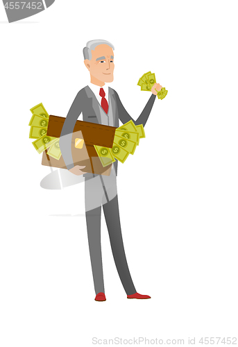 Image of Caucasian businessman with briefcase full of money