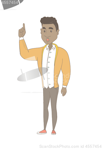 Image of African man with open mouth pointing finger up.