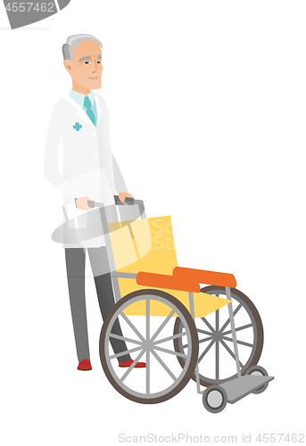 Image of Senior caucasian doctor pushing wheelchair.