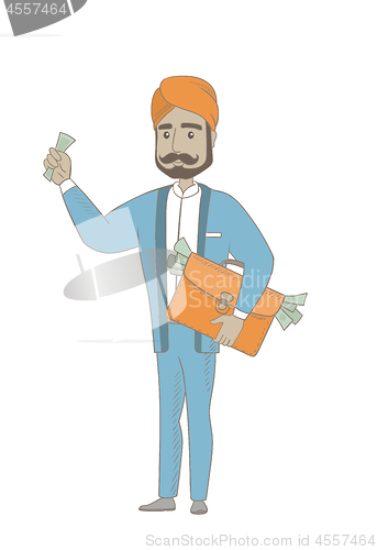 Image of Hindu businessman with briefcase full of money.