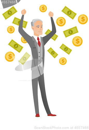 Image of Senior caucasian busiessman under money rain.