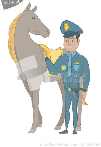 Image of Young hispanic police officer and horse.
