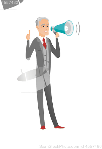 Image of Caucasian businessman talking into loudspeaker.