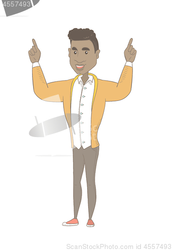 Image of African-american man standing with raised arms.