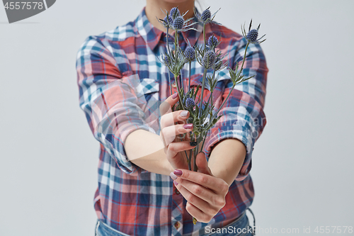 Image of A woman with blue flowers eringium