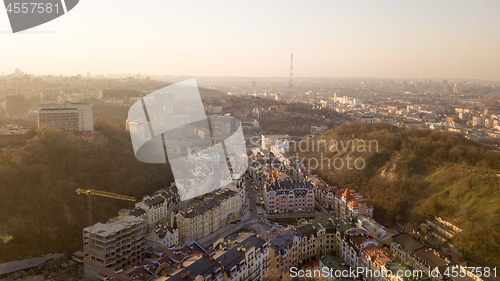 Image of A bird\'s eye view, aerial view shooting from drone of the Podol district, oldest historical center of Kiev, Ukraine.