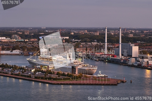 Image of Rotterdam quay, SS Rotterdam in dusk