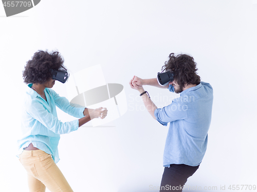 Image of multiethnic couple getting experience using VR headset glasses