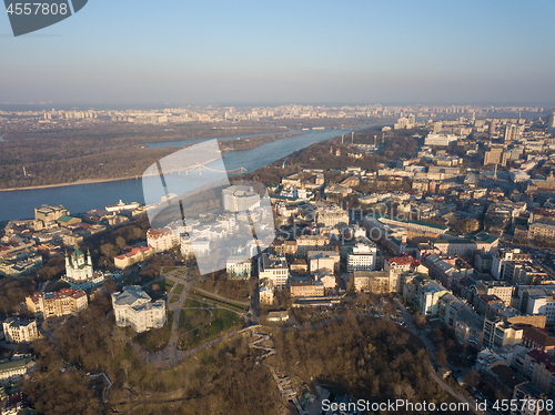 Image of Aerial view of Saint Andrew church. The old town of Kiev, the Podile district