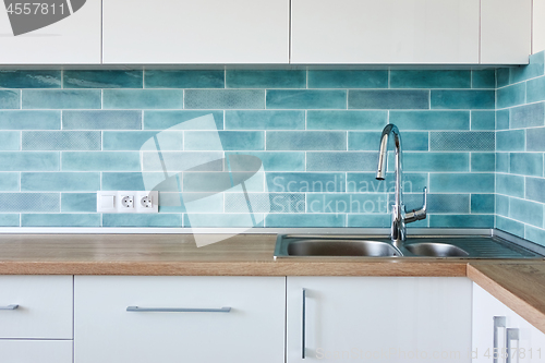 Image of Corner Modern white blue kitchen