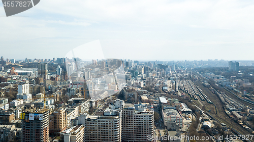Image of Aerial view of Kiev city center, railway tracks and construction of high-rise buildings, Ukraine