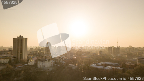 Image of Skyline bird eye aerial view of the city Kyiv center on beautiful sunset, Ukraine