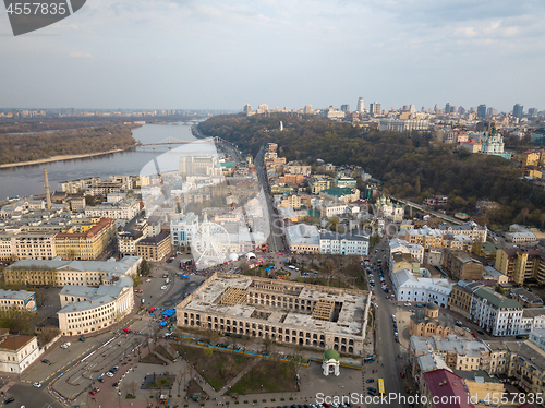 Image of KIEV, UKRAINE - April 19, 2018: Cityscape on Kontraktova Square in Kiev city on spring.