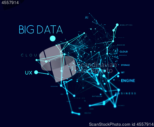 Image of Big data concept in word tag cloud with plexud dot and line connection. Geometric background