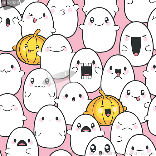 Image of Seamless Background Cute Ghosts Celebrating Halloween