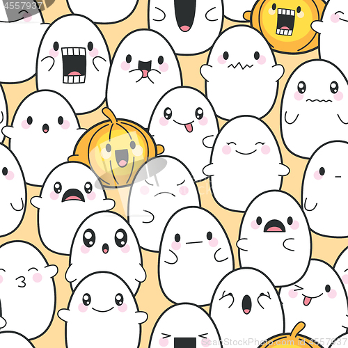 Image of Seamless Background Cute Ghosts Celebrating Halloween