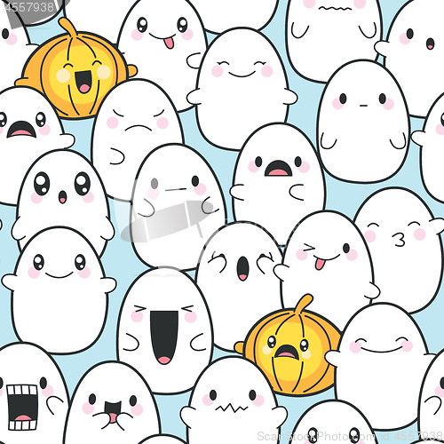 Image of Seamless Background Cute Ghosts Celebrating Halloween