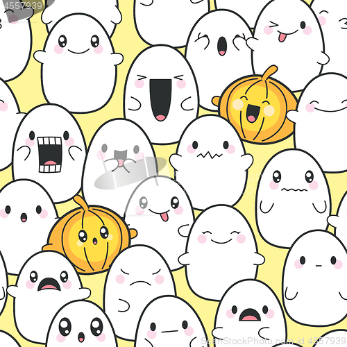 Image of Seamless Background Cute Ghosts Celebrating Halloween