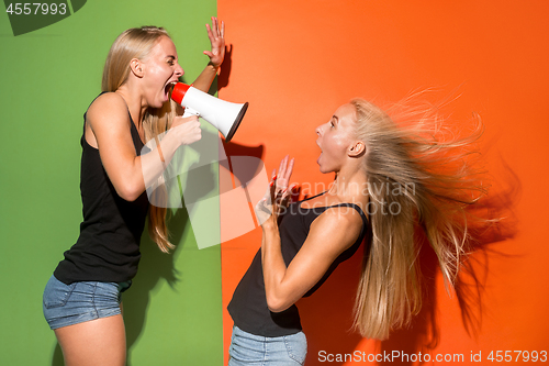 Image of Woman making announcement with megaphone