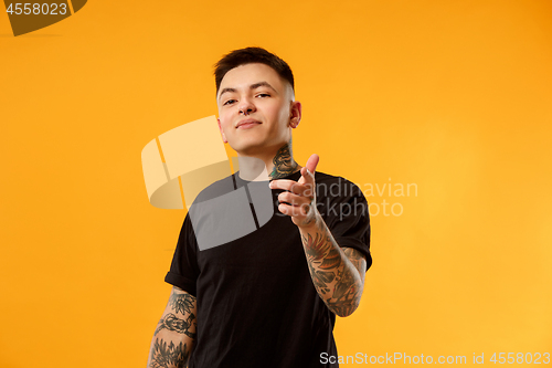 Image of The overbearing businessman point you and want you, half length closeup portrait