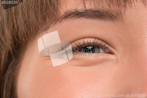 Image of The close up eye on face of young beautiful caucasian girl