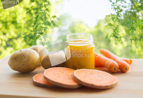 Image of vegetable puree or baby food in glass jar