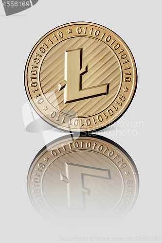 Image of Gold coin litecoin on white glossy background