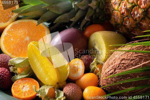 Image of Fresh exotic organic fruits close up as natur background