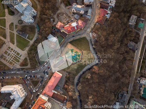 Image of Aerial top view of Saint Andrew\'s church from above in Kiev city