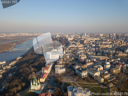 Image of Kiev, Ukraine - April 7, 2018: Aerial view of Saint Andrew church. The old town of Kiev, the Podile district