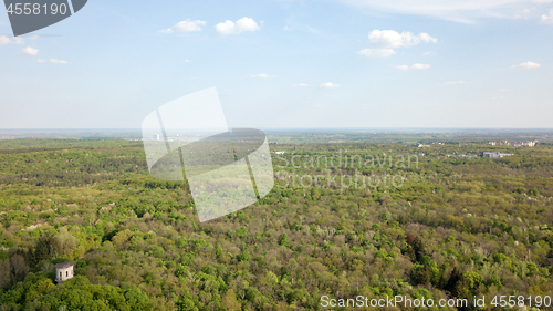 Image of Panoramic view of green forest and blue sky. Photo from the drone