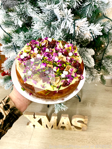 Image of Delicious orange cake with persian figs and pistachio at Christmas