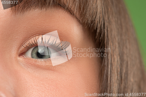 Image of The close up eye on face of young beautiful caucasian girl