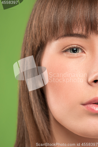 Image of The close up eyes on face of young beautiful caucasian girl